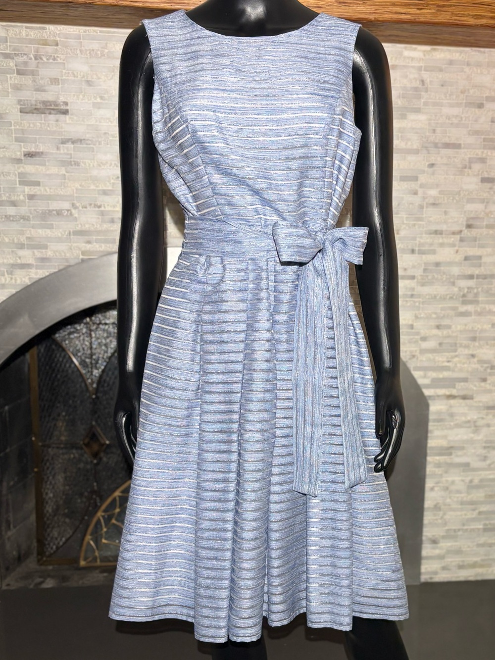 Tommy Hilfiger Light Blue Sheer Ottoman Stripe Sleeveless Fit & Flare Midi Dress